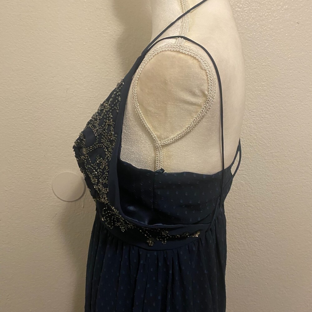 RANNA GILL Lucinda Navy Blue Beaded Bodice Lined Spaghetti Strap Maxi Dress Sz 4 - Picture 7 of 9